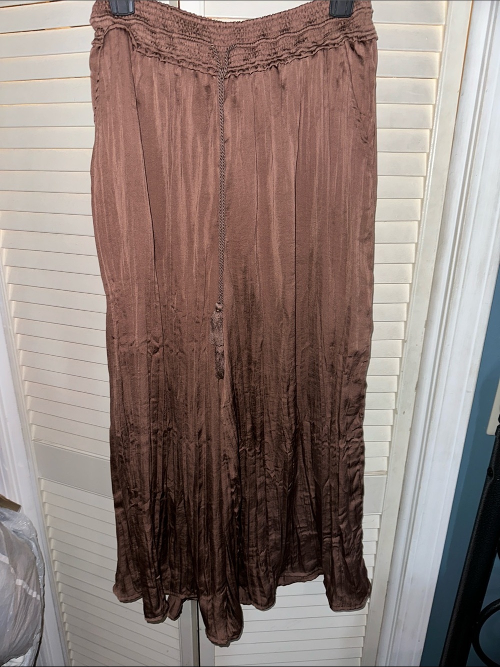Brown Wide-Leg Maxi Pants with Smocked Waist and Tassel Tie